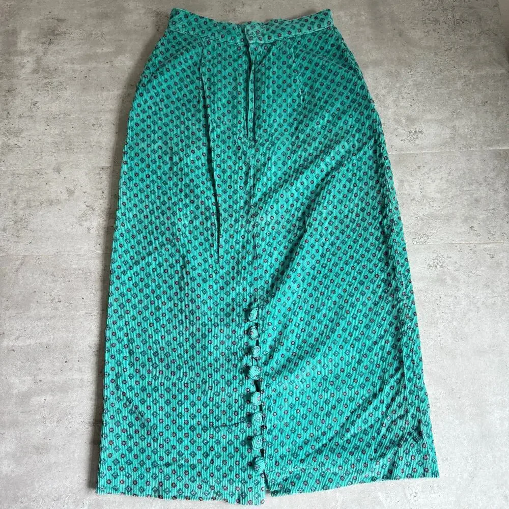 Vintage long, turquoise, geometric-patterned corduroy maxi skirt size 5/6